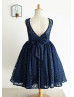 Navy Blue Lace Deep V Back Knee Length Flower Girl Dress